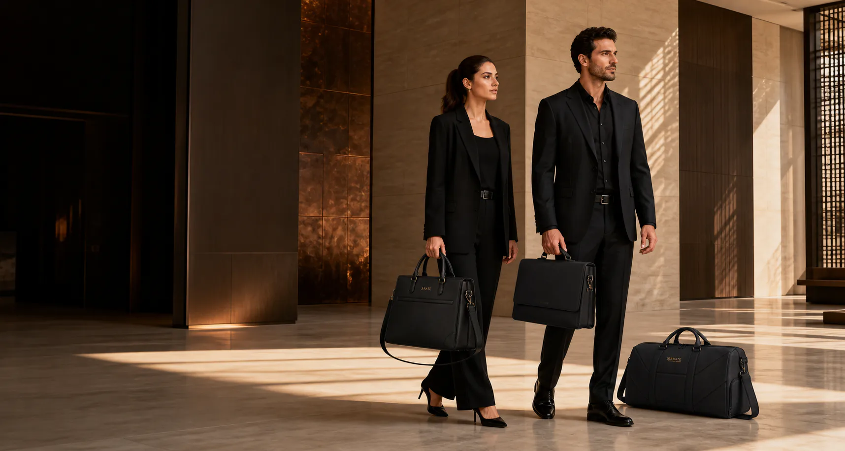 Professionals carrying ARATE work and travel bags in a warm architectural interior