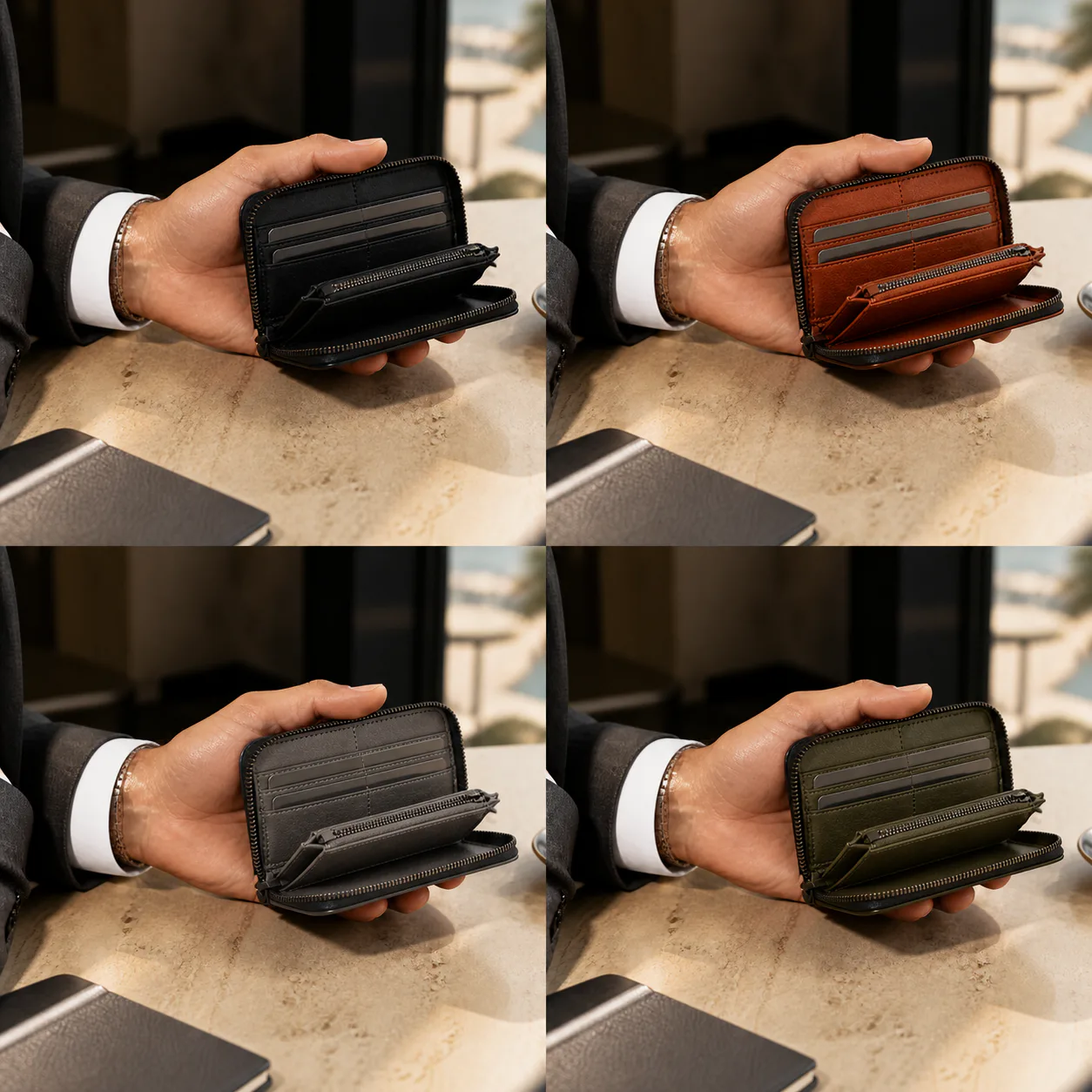 Zip Card Organizer in Deep Black, carried in a professional setting