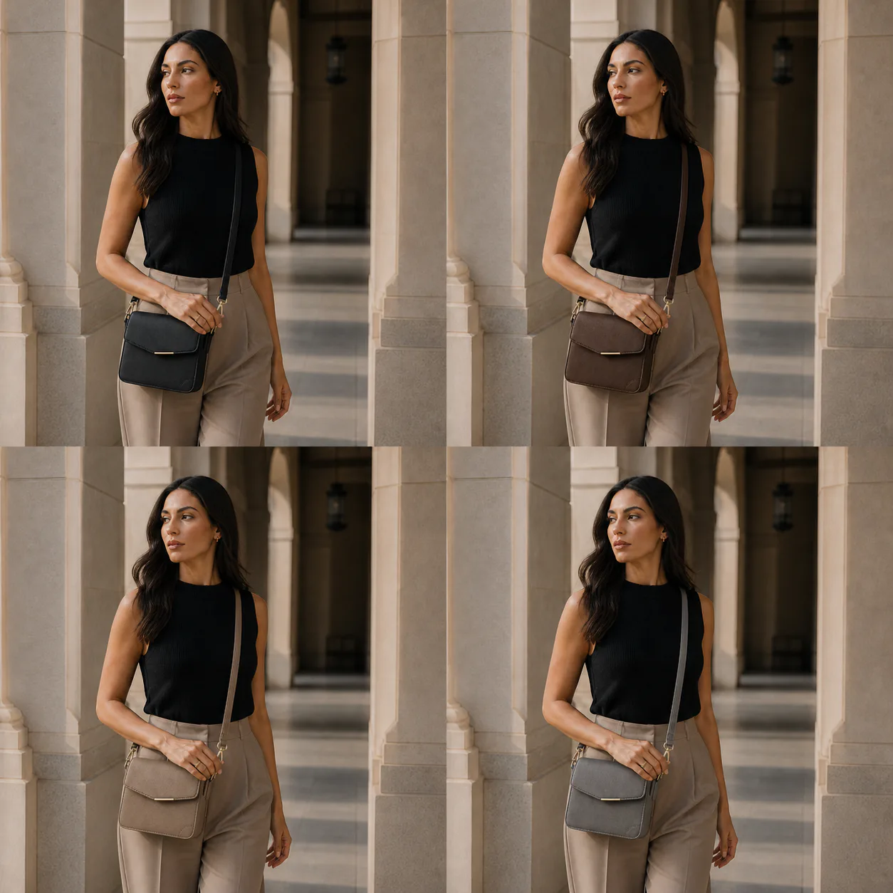 Cross Bag in Deep Black, carried in a professional setting