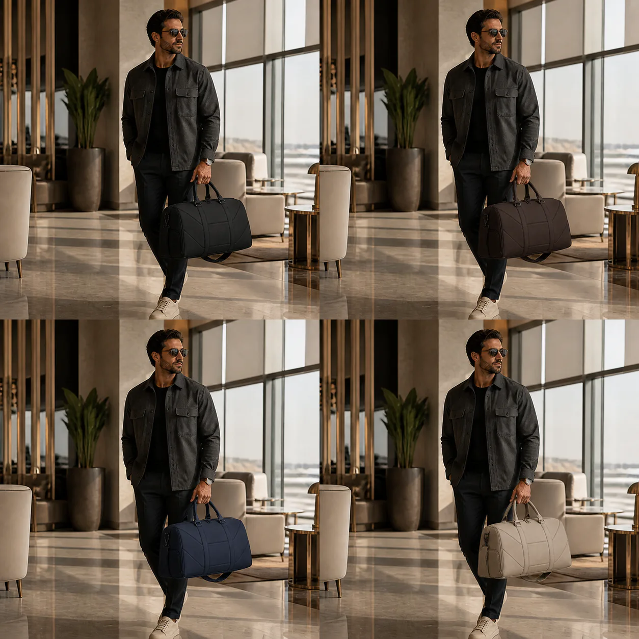 Voyager Travel Duffle in Matte Black, carried in a professional setting